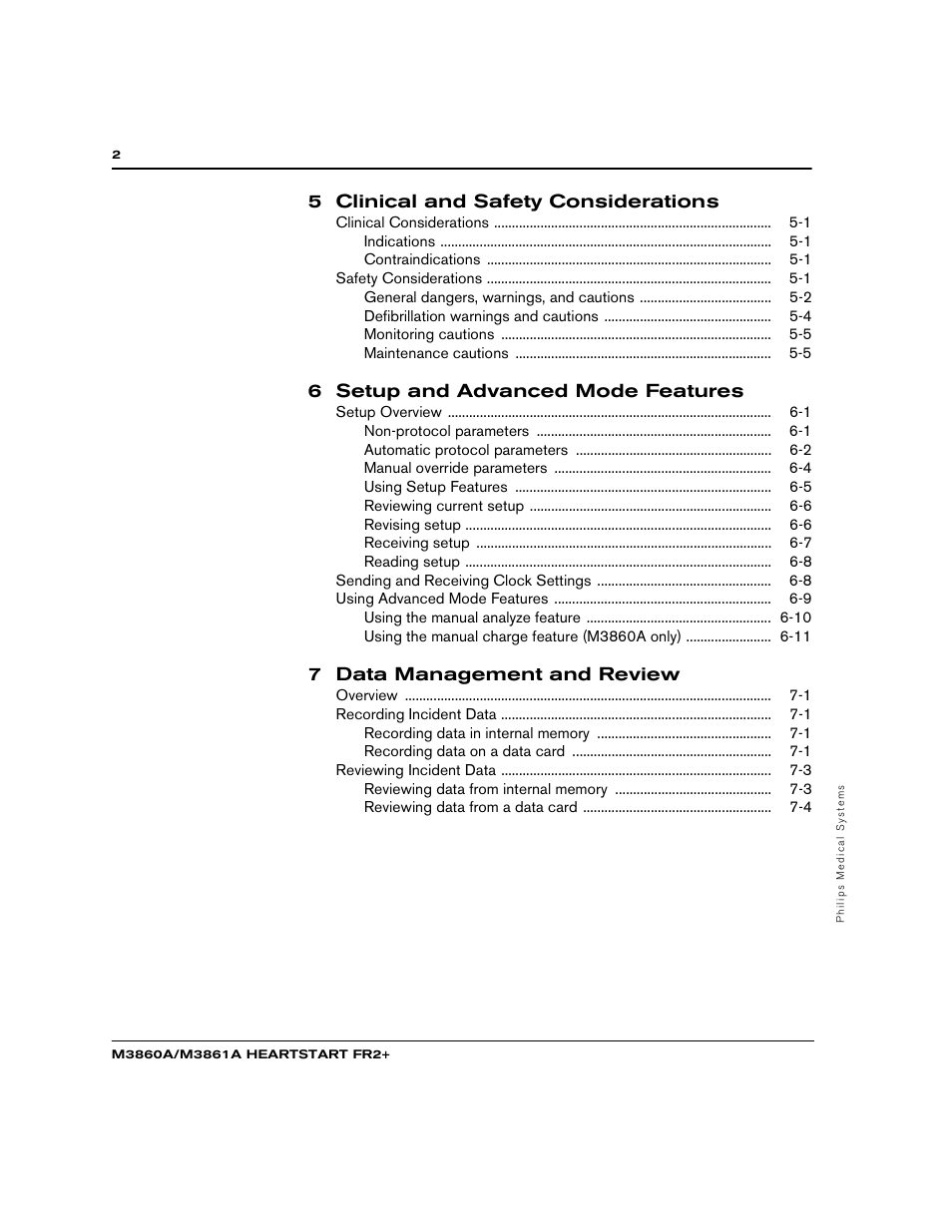 5 clinical and safety considerations, 6 setup and advanced mode features, 7 data management and review | Philips M3860A User Manual | Page 8 / 102