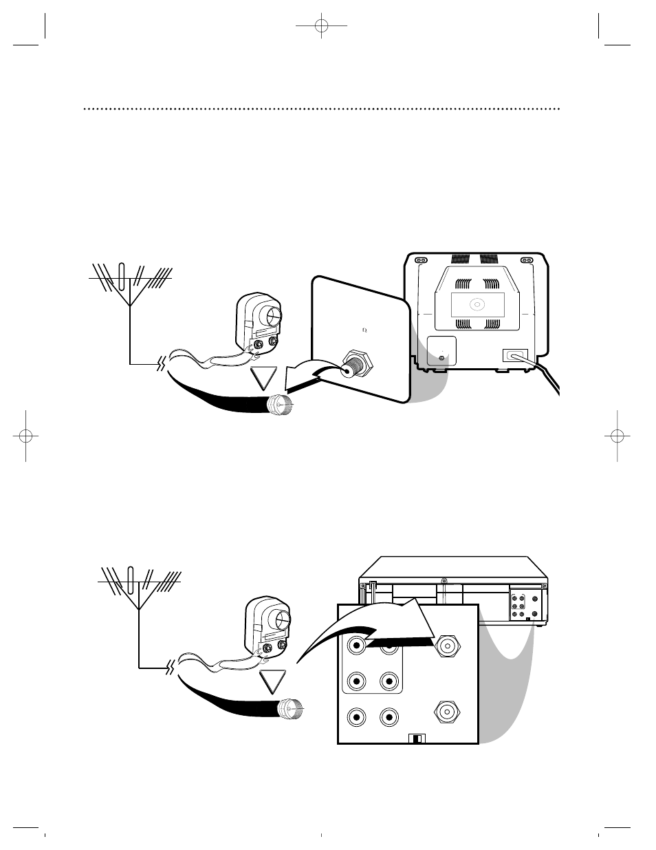 Disconnect the antenna or cable from your tv, Audio, Video out in in out | Out in | Philips VRZ250AT User Manual | Page 6 / 48