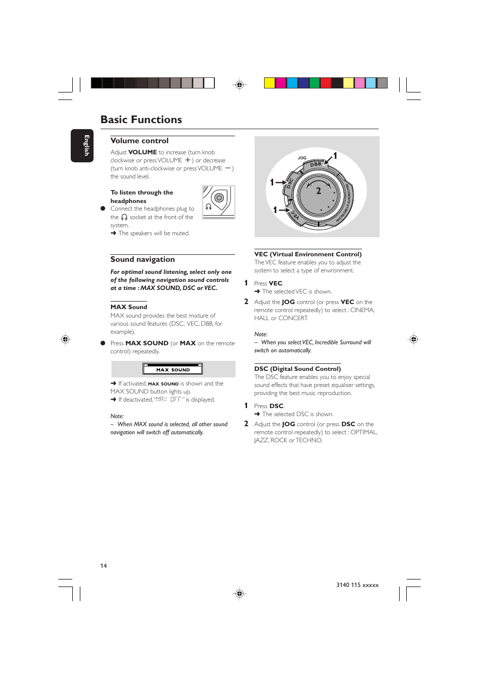 Basic functions, Volume control, Sound navigation | Philips FW-C390 User Manual | Page 14 / 30