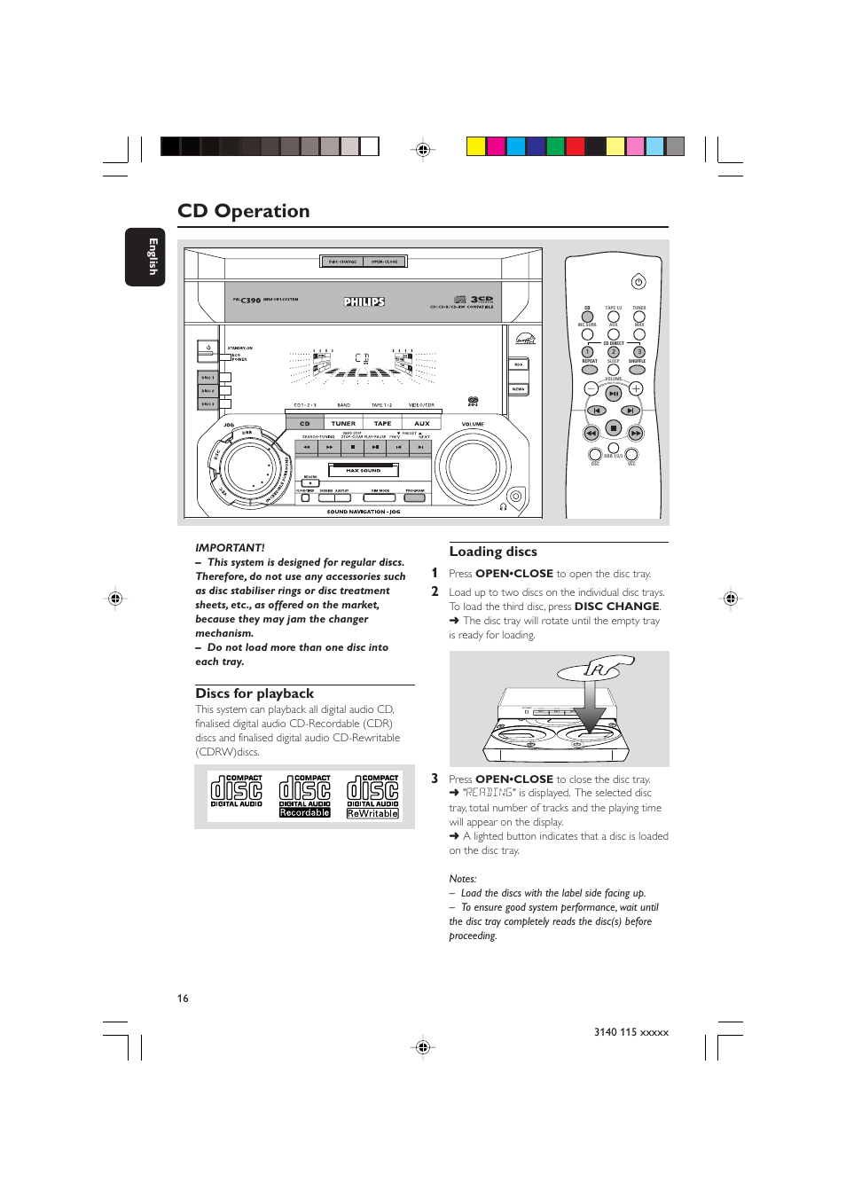 Cd operation, Discs for playback, Loading discs 1 | Disc change, Open•close | Philips FW-C390 User Manual | Page 16 / 30