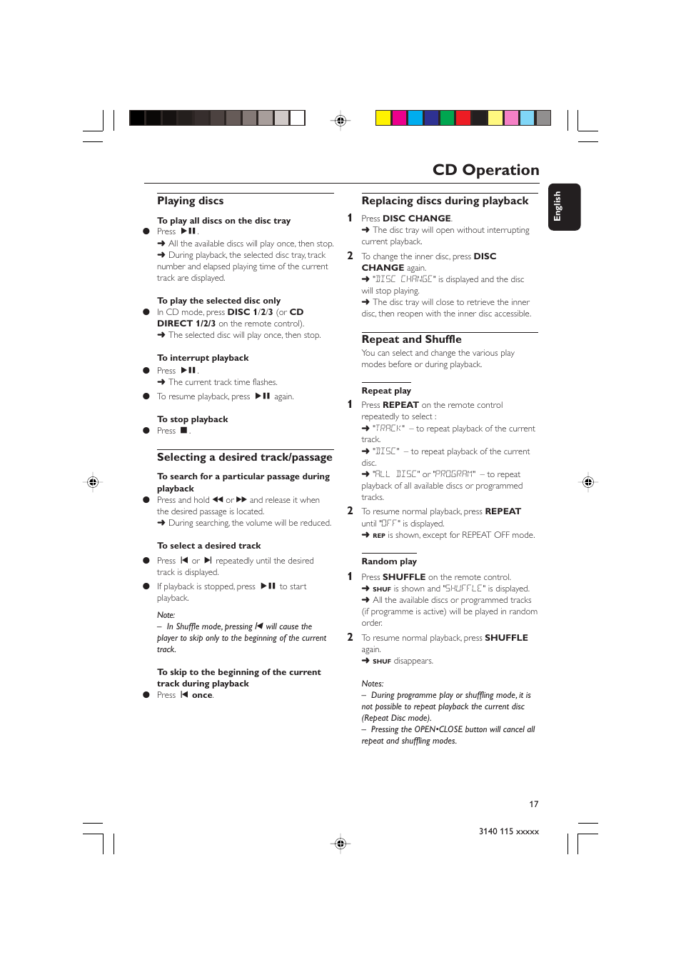 Cd operation, Playing discs, Selecting a desired track/passage | Replacing discs during playback 1, Repeat and shuffle | Philips FW-C390 User Manual | Page 17 / 30