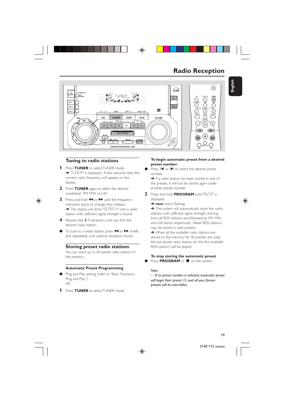 Radio reception, Tuning to radio stations 1, Storing preset radio stations | Philips FW-C390 User Manual | Page 19 / 30