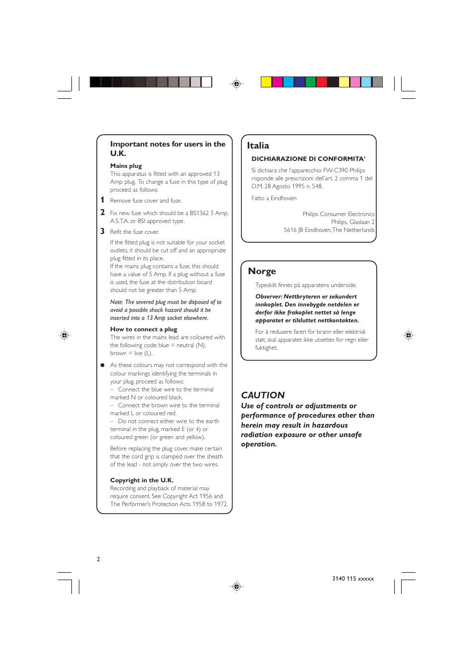 Norge, Italia, Caution | Philips FW-C390 User Manual | Page 2 / 30