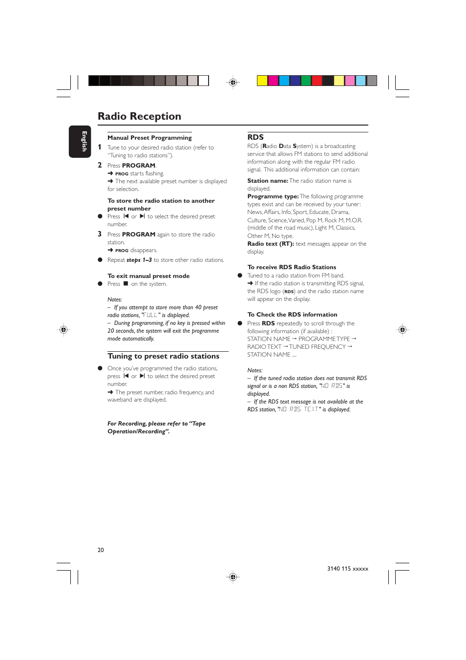 Radio reception, Tuning to preset radio stations | Philips FW-C390 User Manual | Page 20 / 30