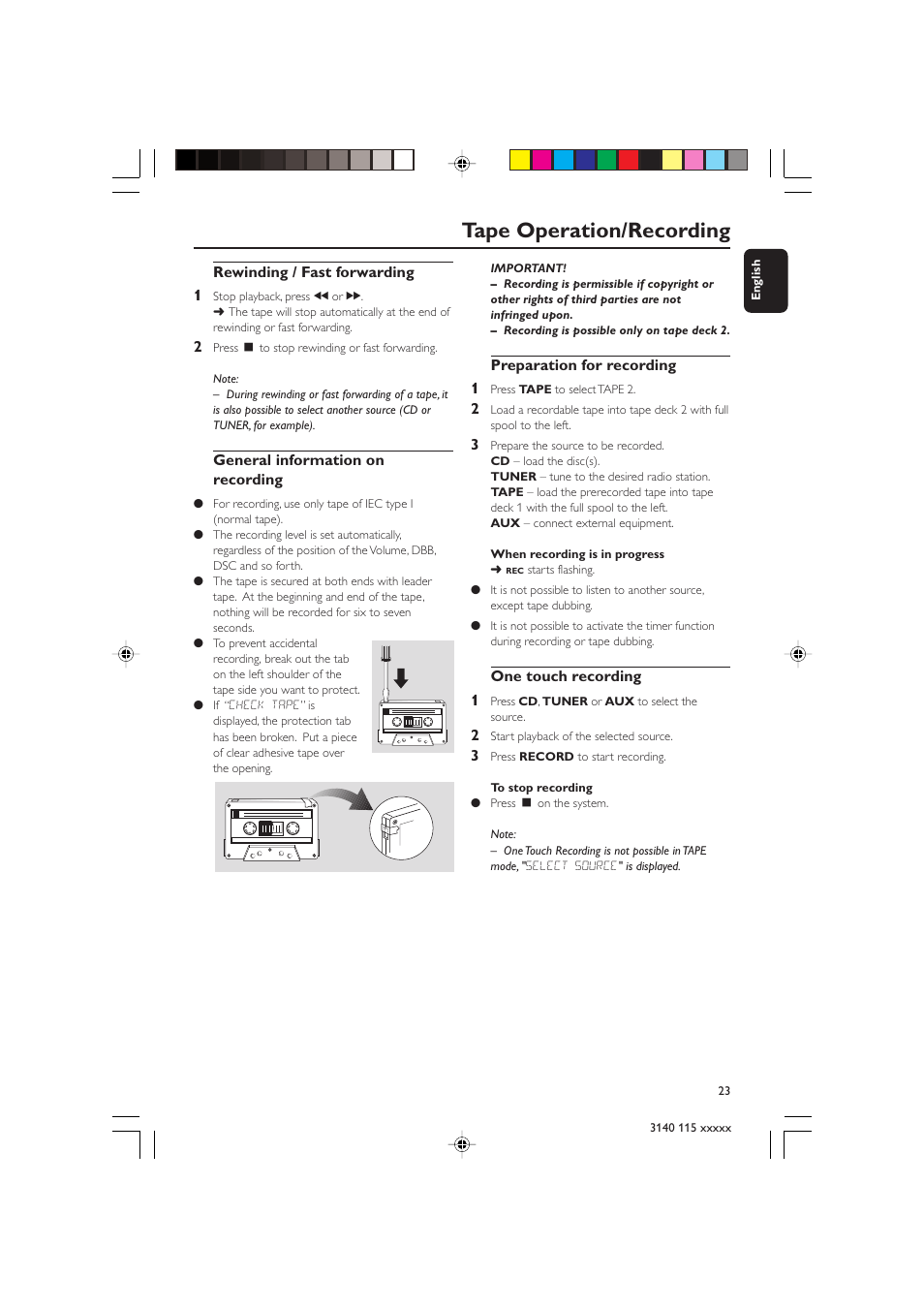 Tape operation/recording | Philips FW-C390 User Manual | Page 23 / 30