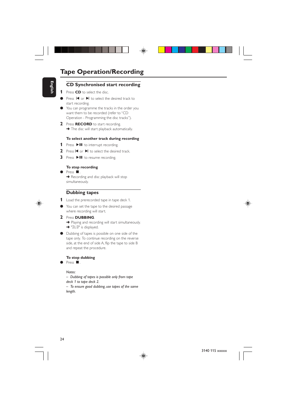 Tape operation/recording | Philips FW-C390 User Manual | Page 24 / 30