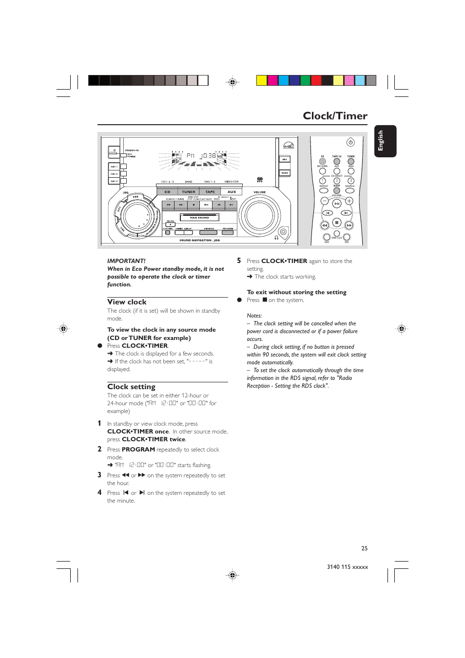 Clock/timer, View clock, Clock setting | Philips FW-C390 User Manual | Page 25 / 30