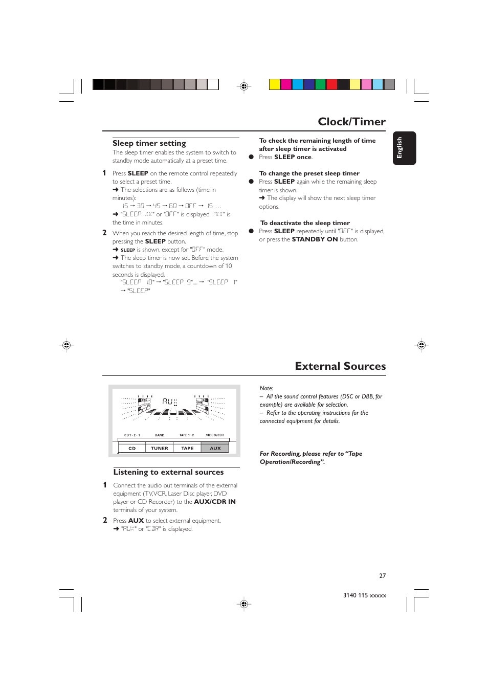 External sources, Clock/timer | Philips FW-C390 User Manual | Page 27 / 30