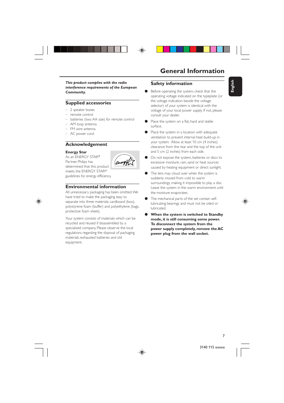 General information, Supplied accessories, Acknowledgement | Environmental information, Safety information | Philips FW-C390 User Manual | Page 7 / 30