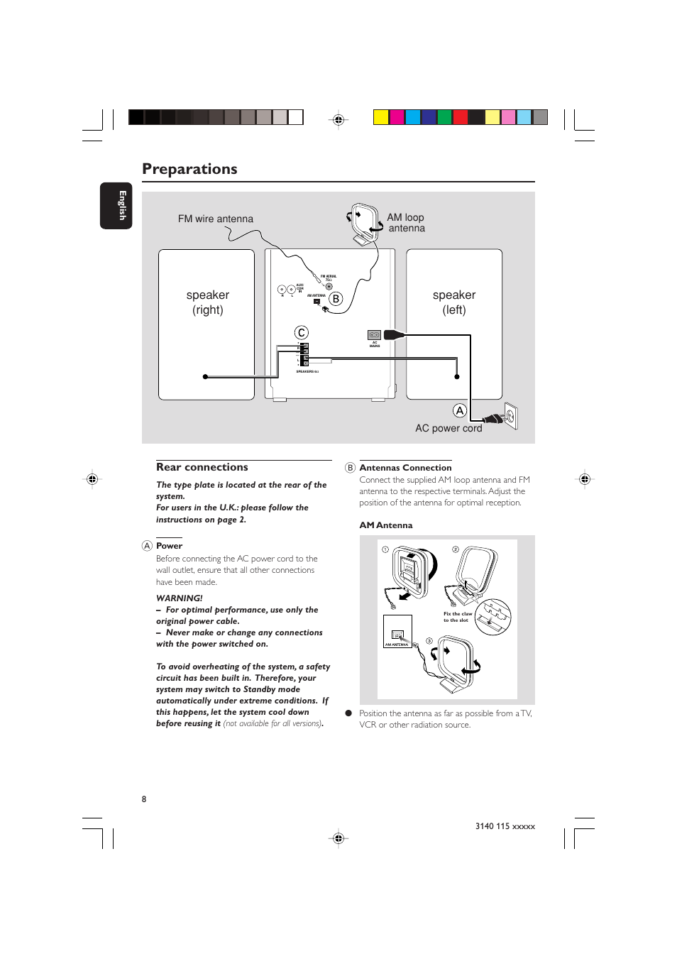 Preparations, Rear connections, Speaker (right) speaker (left) | Am loop antenna, Ac power cord, Fm wire antenna | Philips FW-C390 User Manual | Page 8 / 30