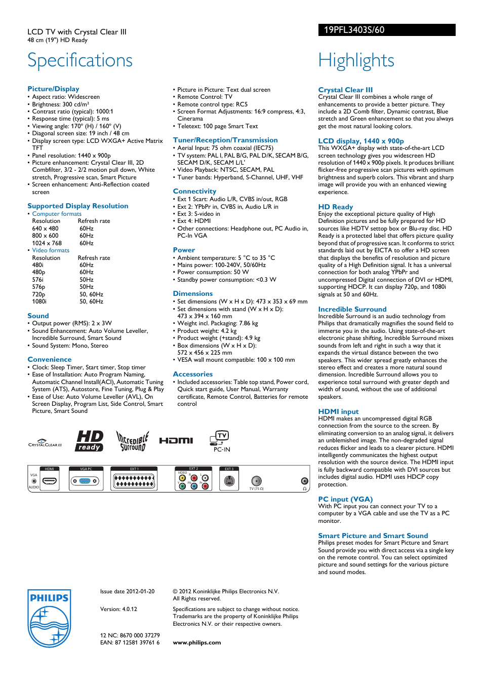 Specifications, Highlights | Philips 19PFL3403S User Manual | Page 2 / 2