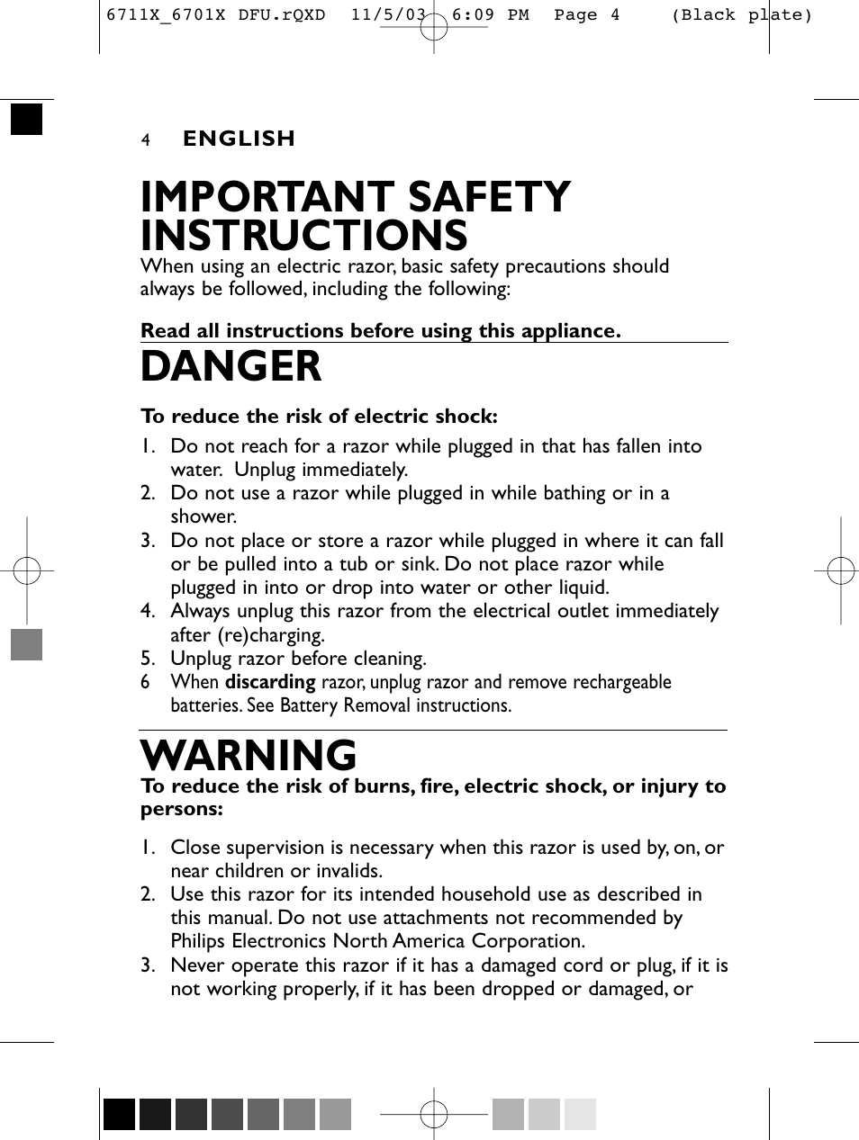 Important safety instructions, Danger, Warning | Philips 6716X User Manual | Page 3 / 39