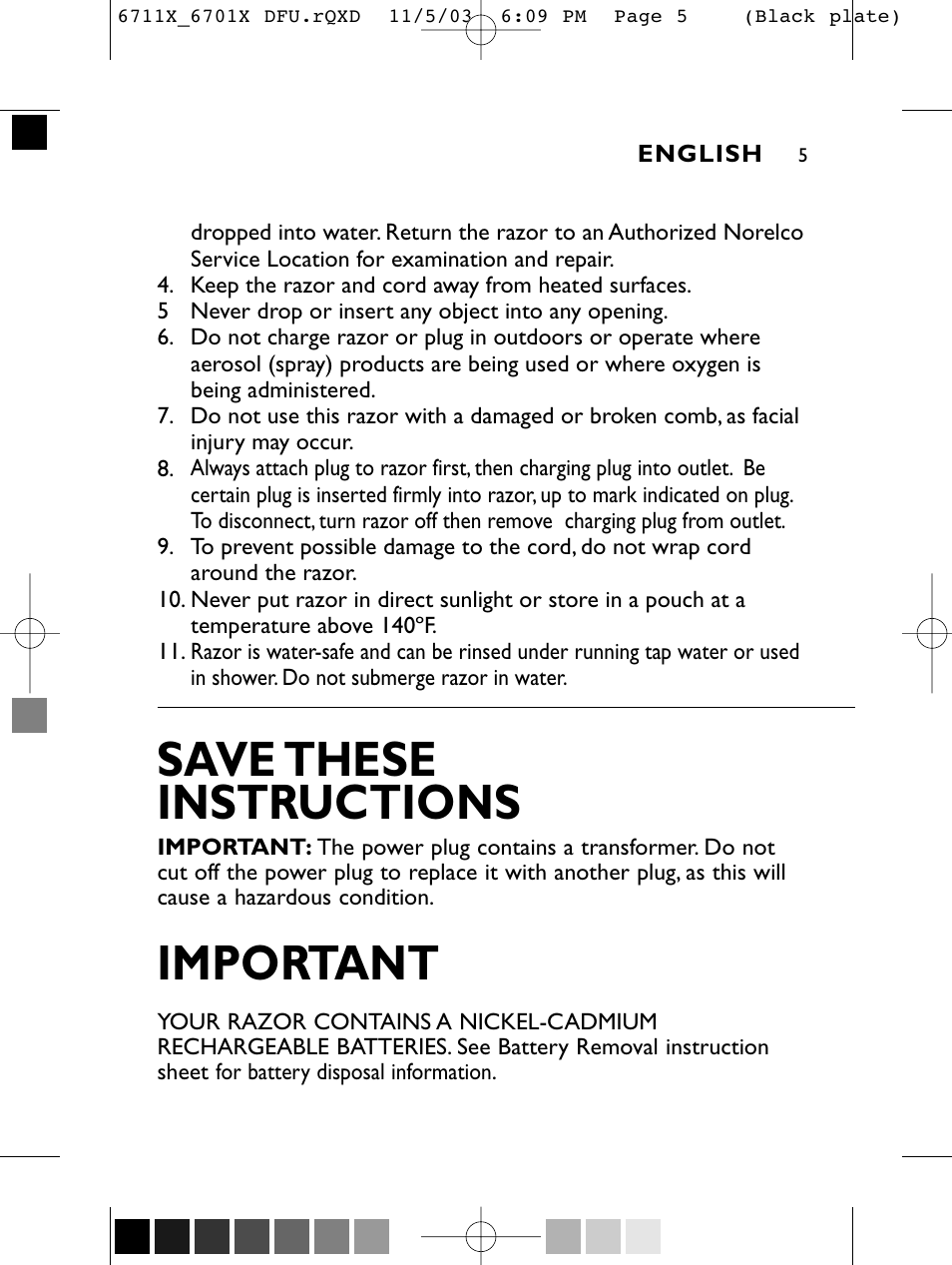 Save these instructions, Important | Philips 6716X User Manual | Page 4 / 39