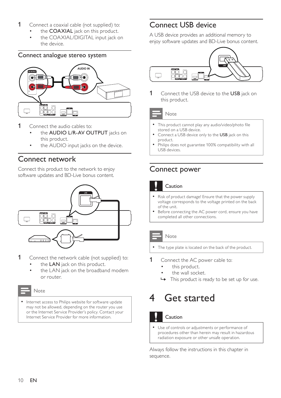 Connect network, Connect usb device, Connect power | 4 get started | Philips BDP3000/12 User Manual | Page 10 / 32