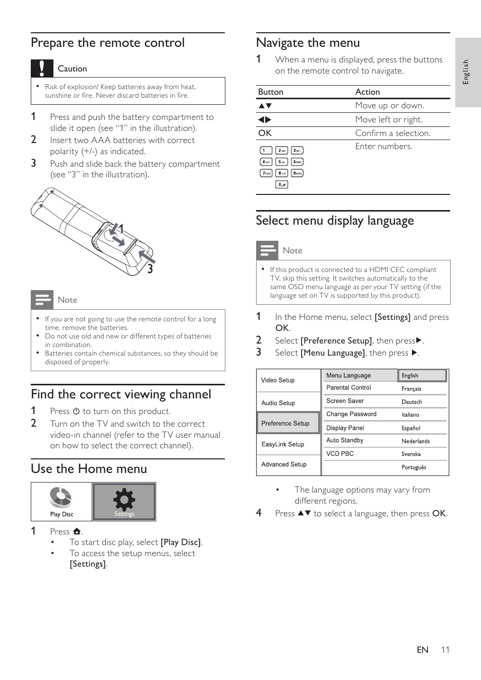 Prepare the remote control, Find the correct viewing channel, Use the home menu | Navigate the menu, Select menu display language | Philips BDP3000/12 User Manual | Page 11 / 32