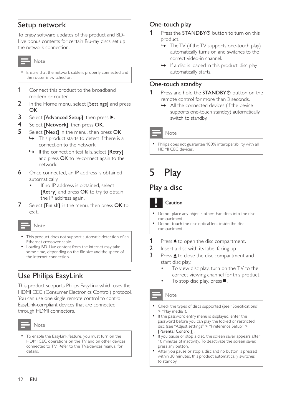 Setup network, Use philips easylink, 5 play | Play a disc, One-touch play 1, One-touch standby 1 | Philips BDP3000/12 User Manual | Page 12 / 32