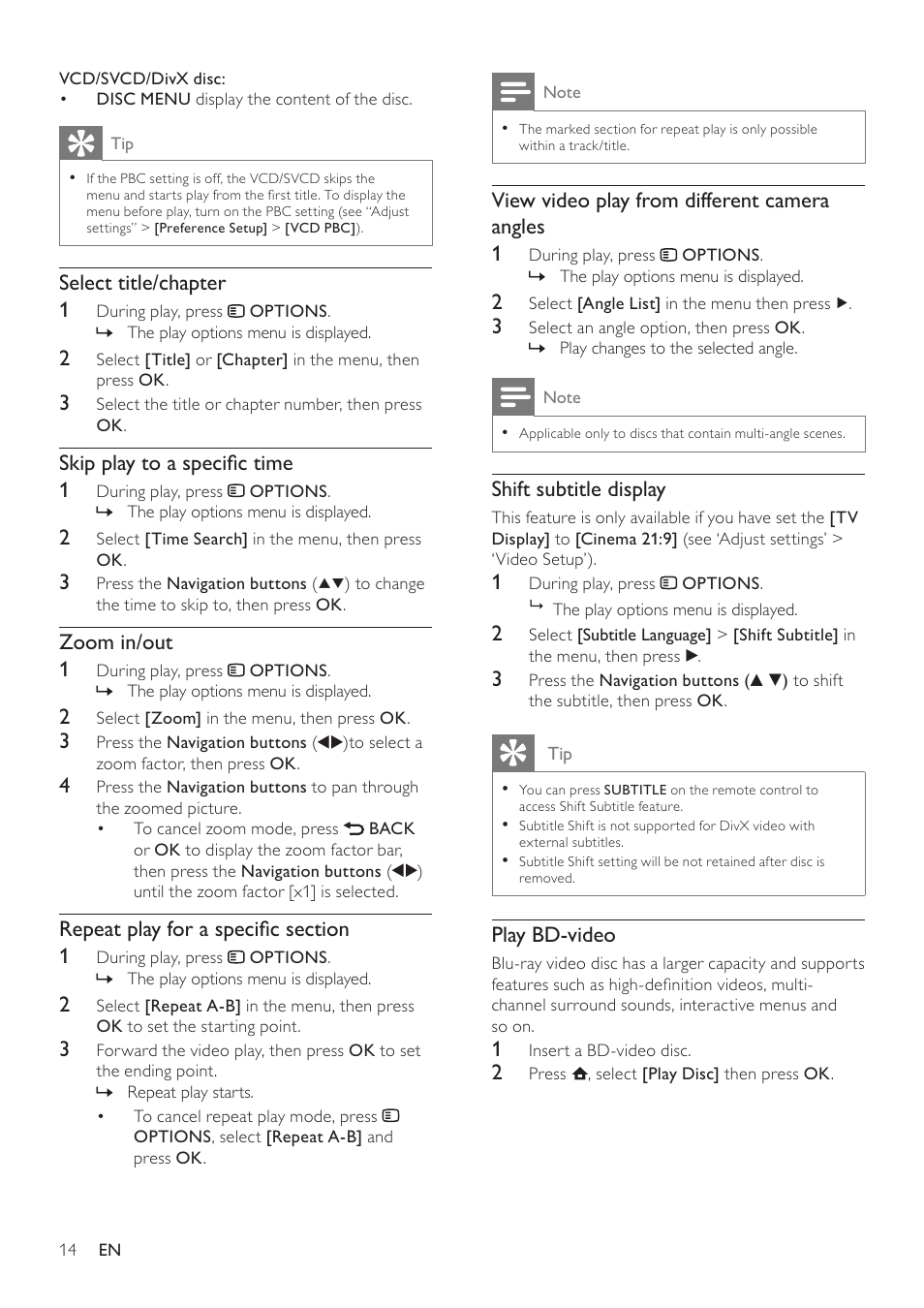 View video play from different camera angles 1, Shift subtitle display, Play bd-video | Select title/chapter 1, Skip play to a specific time 1, Zoom in/out 1 | Philips BDP3000/12 User Manual | Page 14 / 32