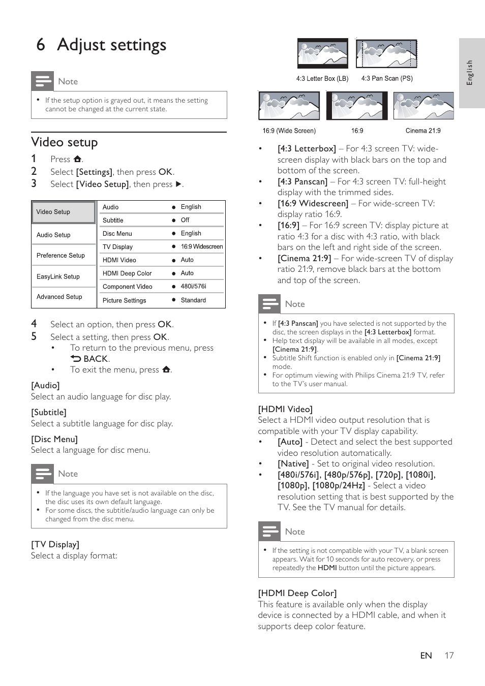 6 adjust settings, Video setup | Philips BDP3000/12 User Manual | Page 17 / 32