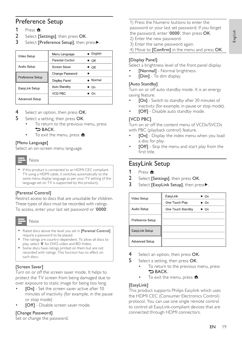 Preference setup, Easylink setup | Philips BDP3000/12 User Manual | Page 19 / 32