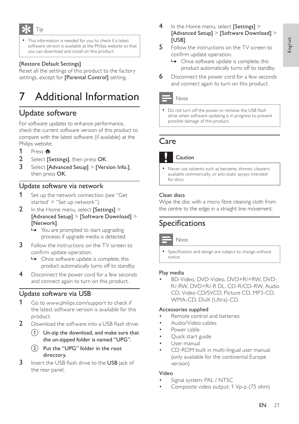 7 additional information, Update software, Care | Specifications, Update software via network 1, Update software via usb 1 | Philips BDP3000/12 User Manual | Page 21 / 32