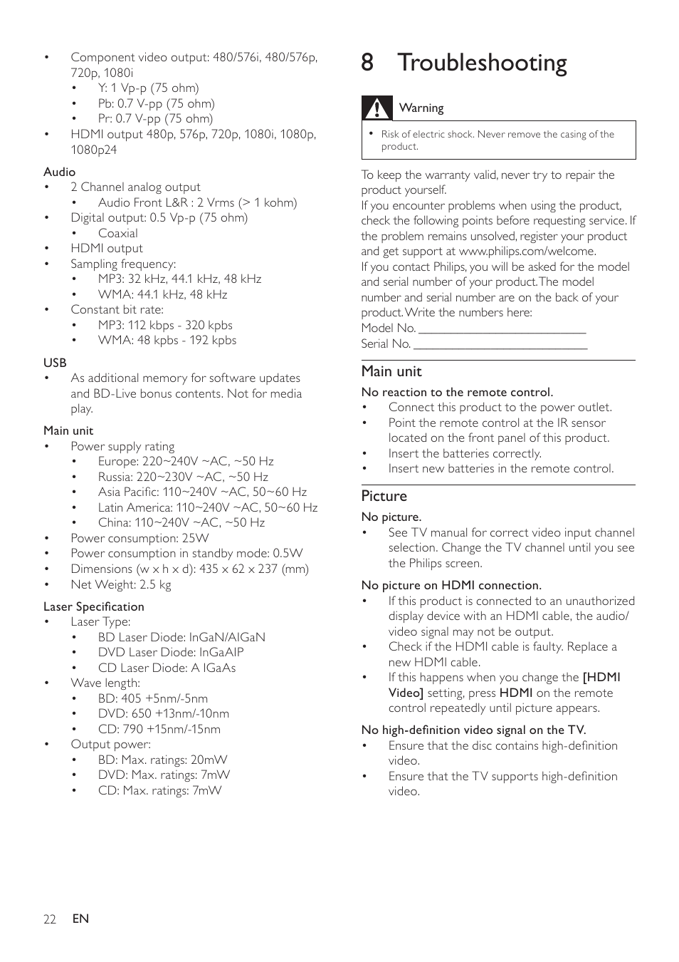 8 troubleshooting, Main unit, Picture | Philips BDP3000/12 User Manual | Page 22 / 32