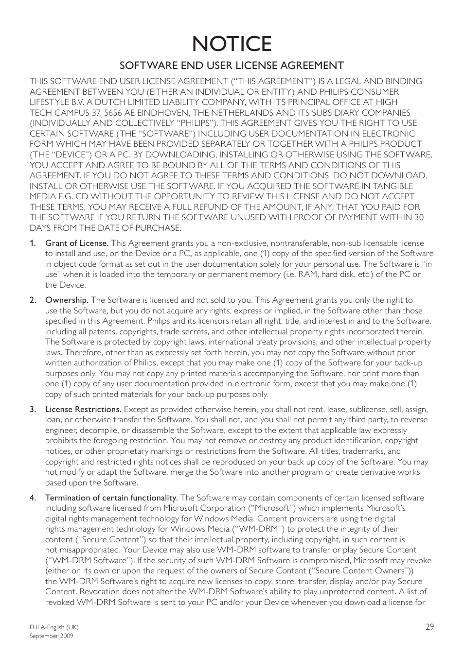 Notice, Software end user license agreement | Philips BDP3000/12 User Manual | Page 29 / 32