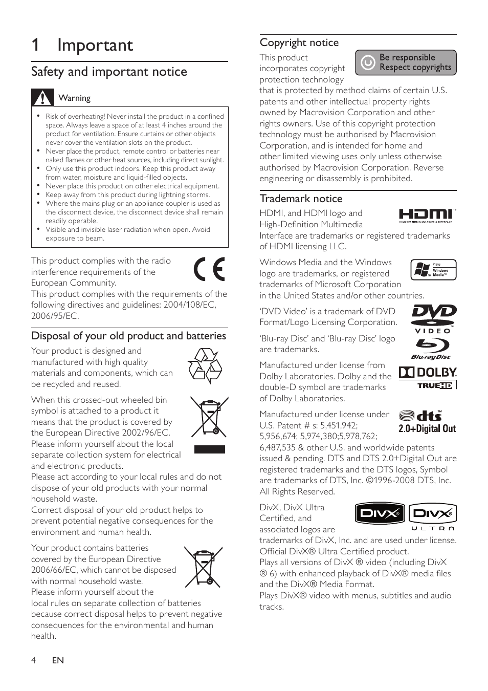 1 important, Safety and important notice, Copyright notice | Trademark notice, Disposal of your old product and batteries | Philips BDP3000/12 User Manual | Page 4 / 32
