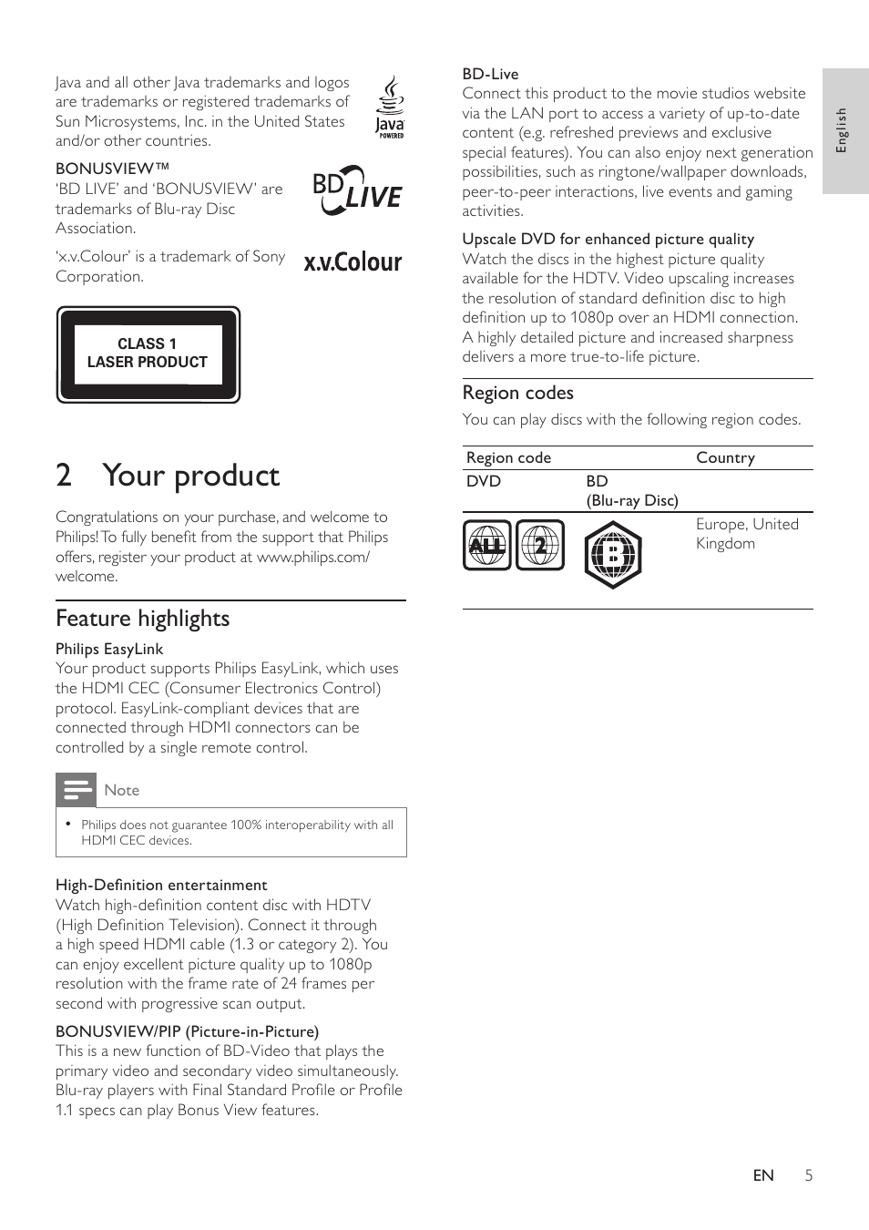 2 your product, Feature highlights | Philips BDP3000/12 User Manual | Page 5 / 32