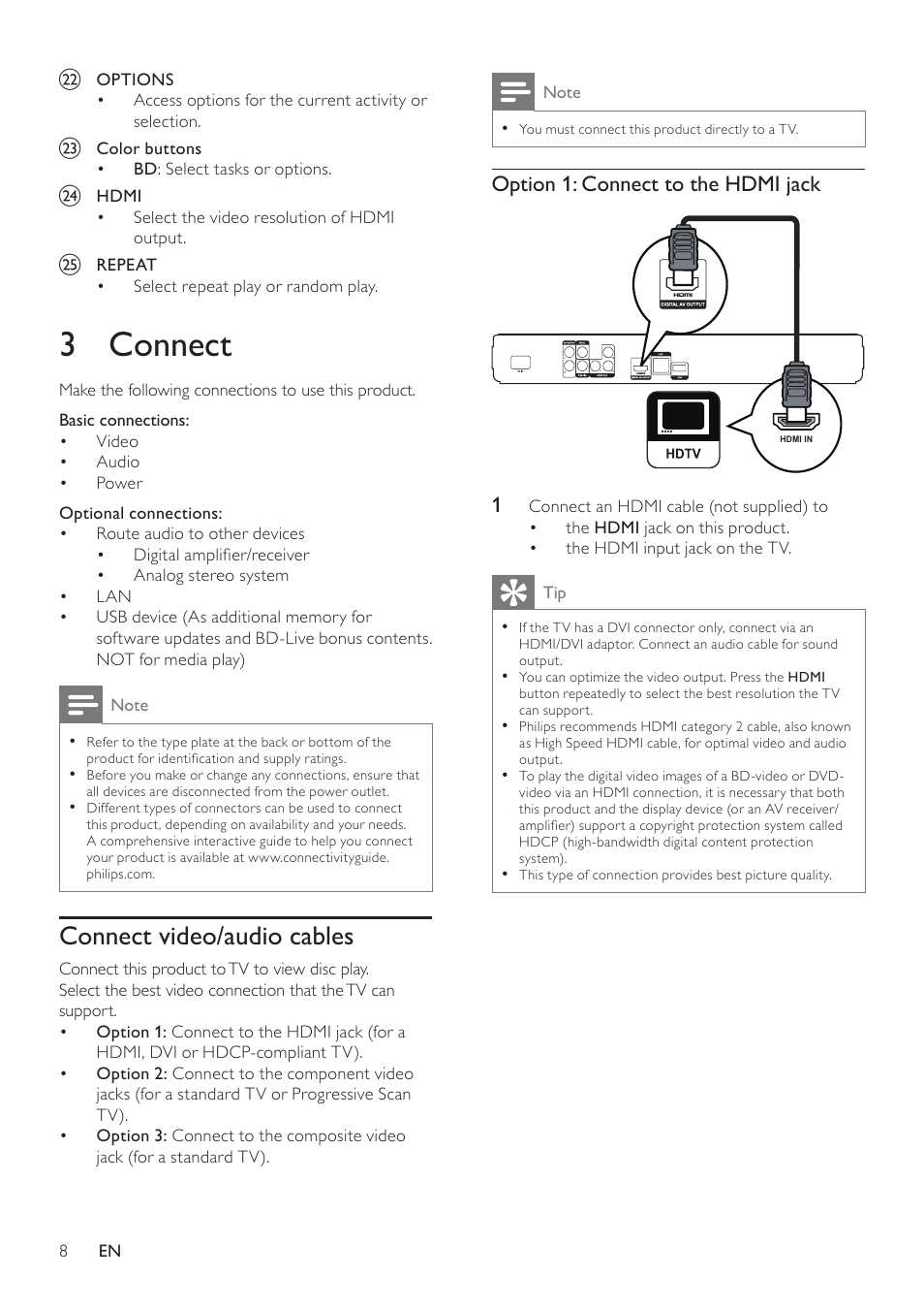 3 connect, Connect video/audio cables | Philips BDP3000/12 User Manual | Page 8 / 32