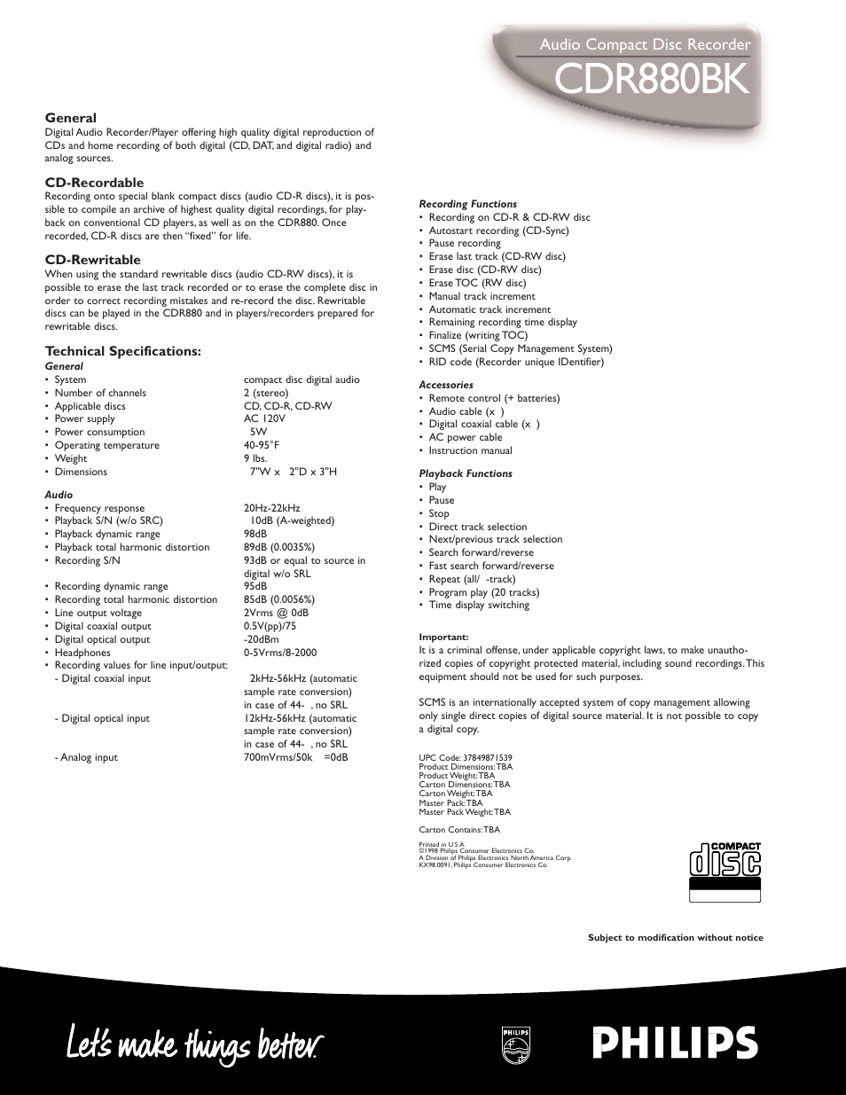 Cdr880bk, Audio compact disc recorder | Philips CDR880BK User Manual | Page 2 / 2