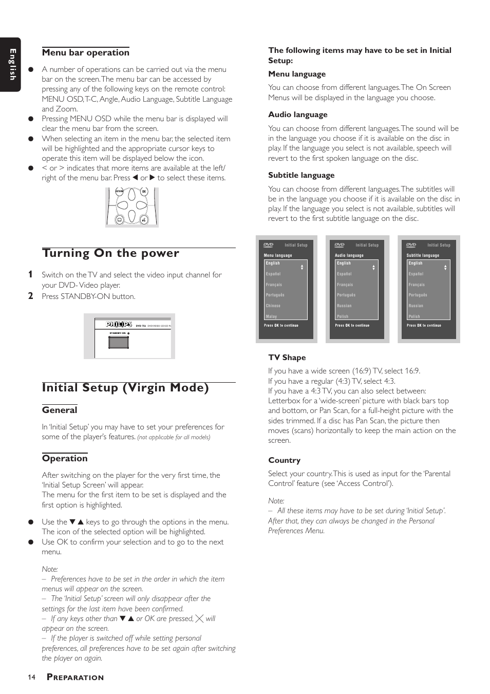 Turning on the power, Initial setup (virgin mode), Menu bar operation | General, Operation | Philips VD756/G52 User Manual | Page 14 / 24