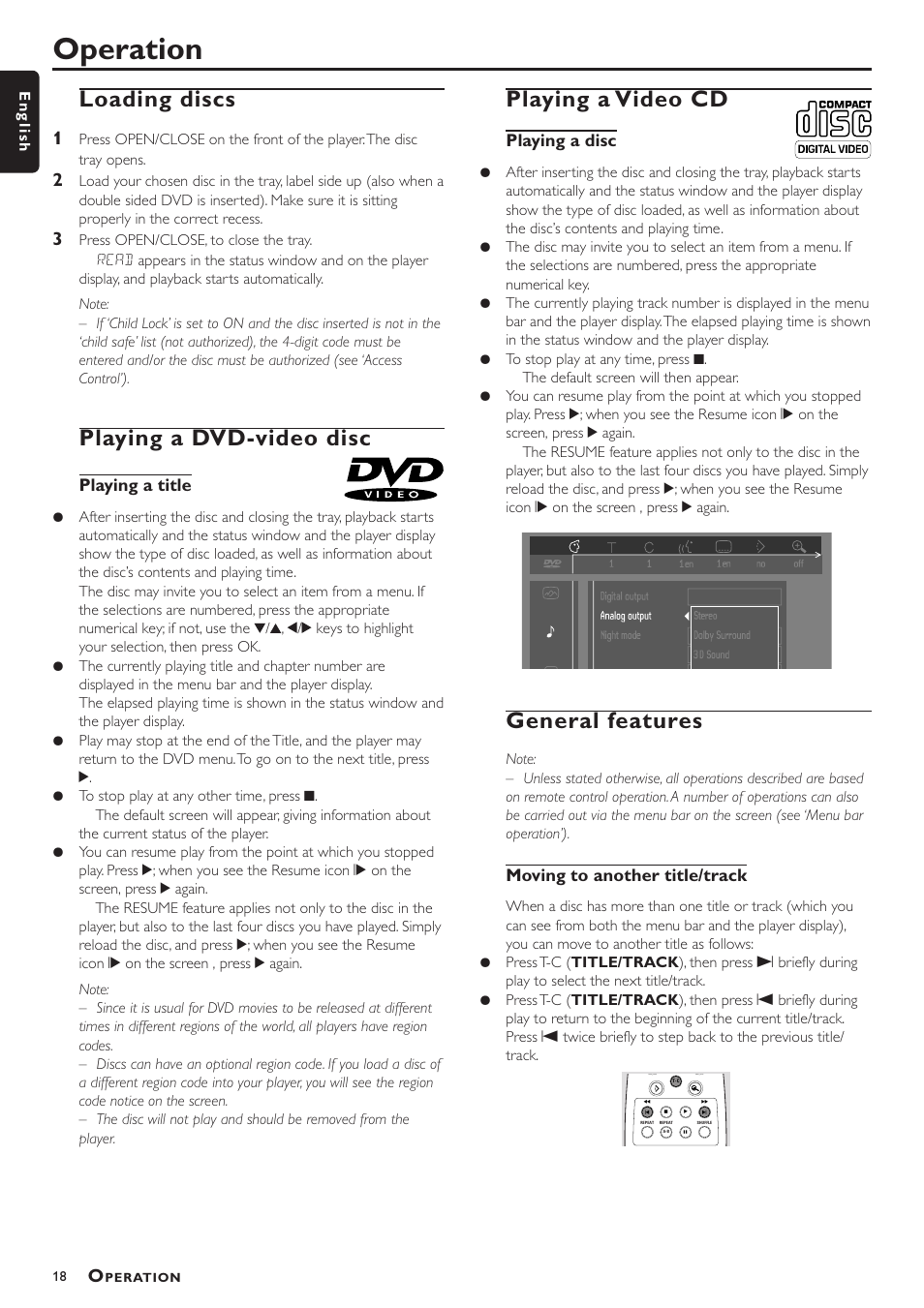 Operation, Loading discs, Playing a dvd-video disc | Playing a video cd, General features | Philips VD756/G52 User Manual | Page 18 / 24