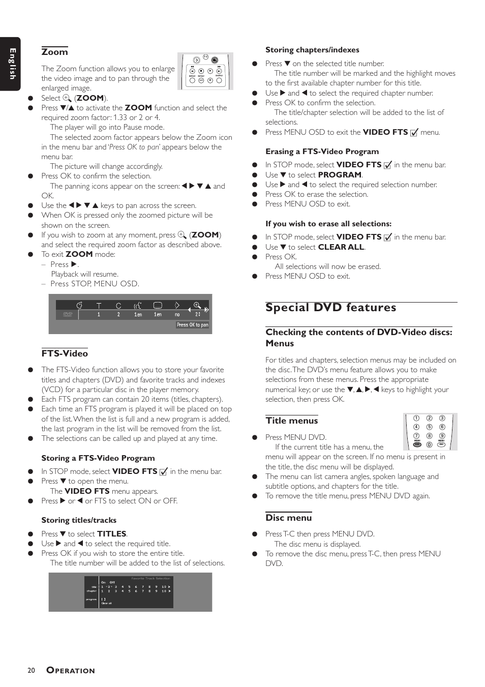 Special dvd features, Zoom, Fts-video | Checking the contents of dvd-video discs: menus, Title menus, Disc menu | Philips VD756/G52 User Manual | Page 20 / 24