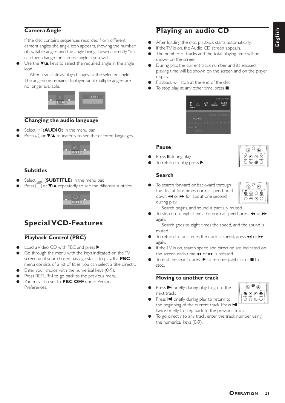 Special vcd-features, Playing an audio cd, Camera angle | Changing the audio language, Subtitles, Playback control (pbc), Pause, Search, Moving to another track, English | Philips VD756/G52 User Manual | Page 21 / 24