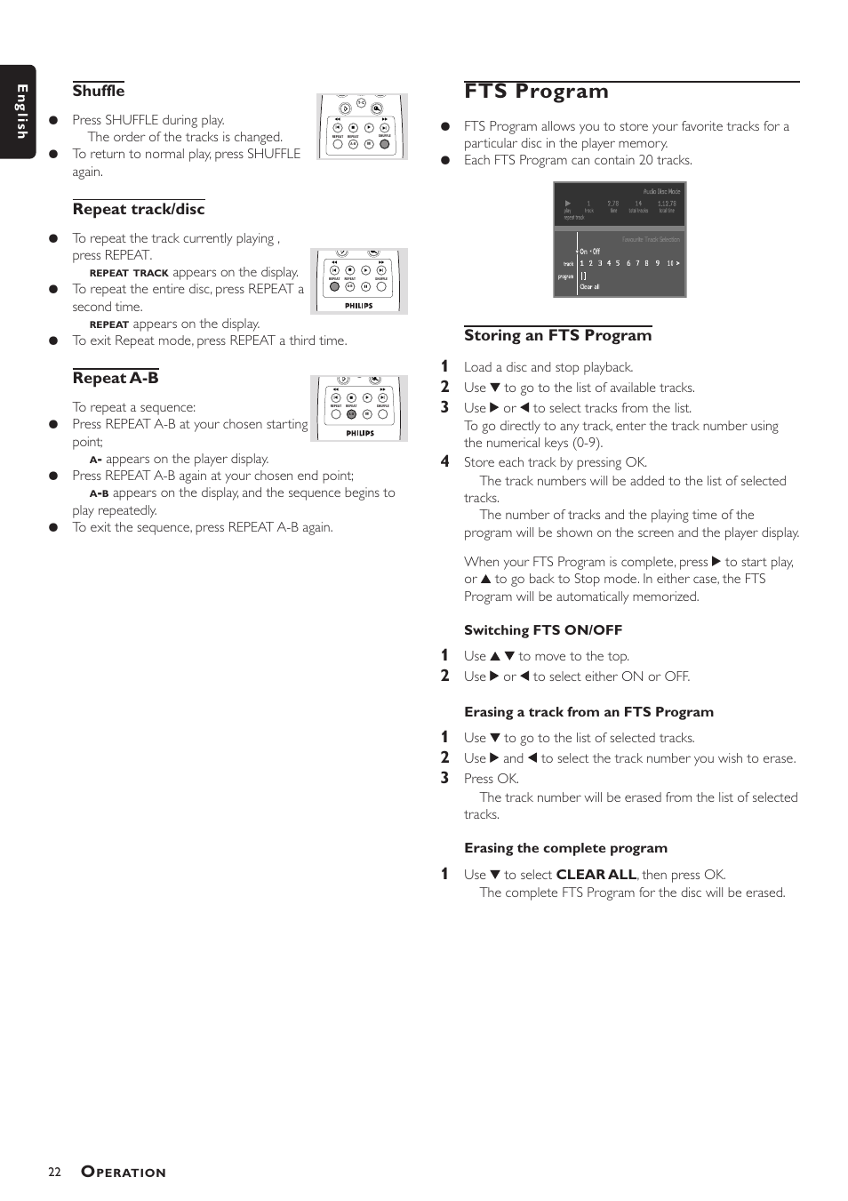 Fts program, Shuffle, Repeat track/disc | Repeat a-b, Storing an fts program, English, Load a disc and stop playback, Use w to go to the list of available tracks, Use v w to move to the top, Use w to go to the list of selected tracks | Philips VD756/G52 User Manual | Page 22 / 24