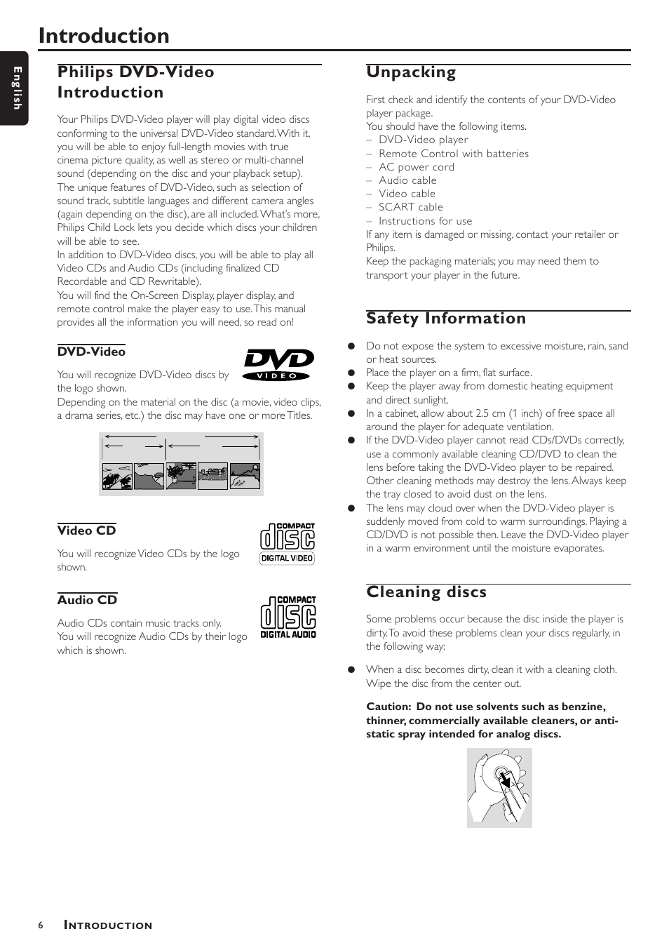 Introduction, Philips dvd-video introduction, Unpacking | Safety information, Cleaning discs | Philips VD756/G52 User Manual | Page 6 / 24