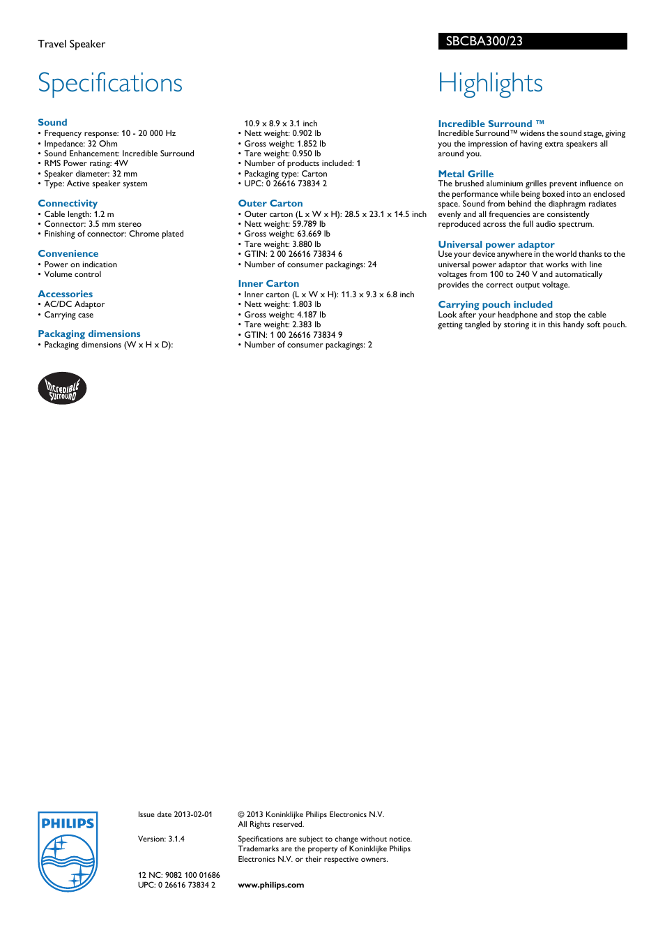 Specifications, Highlights | Philips SBCBA300/23 User Manual | Page 2 / 2