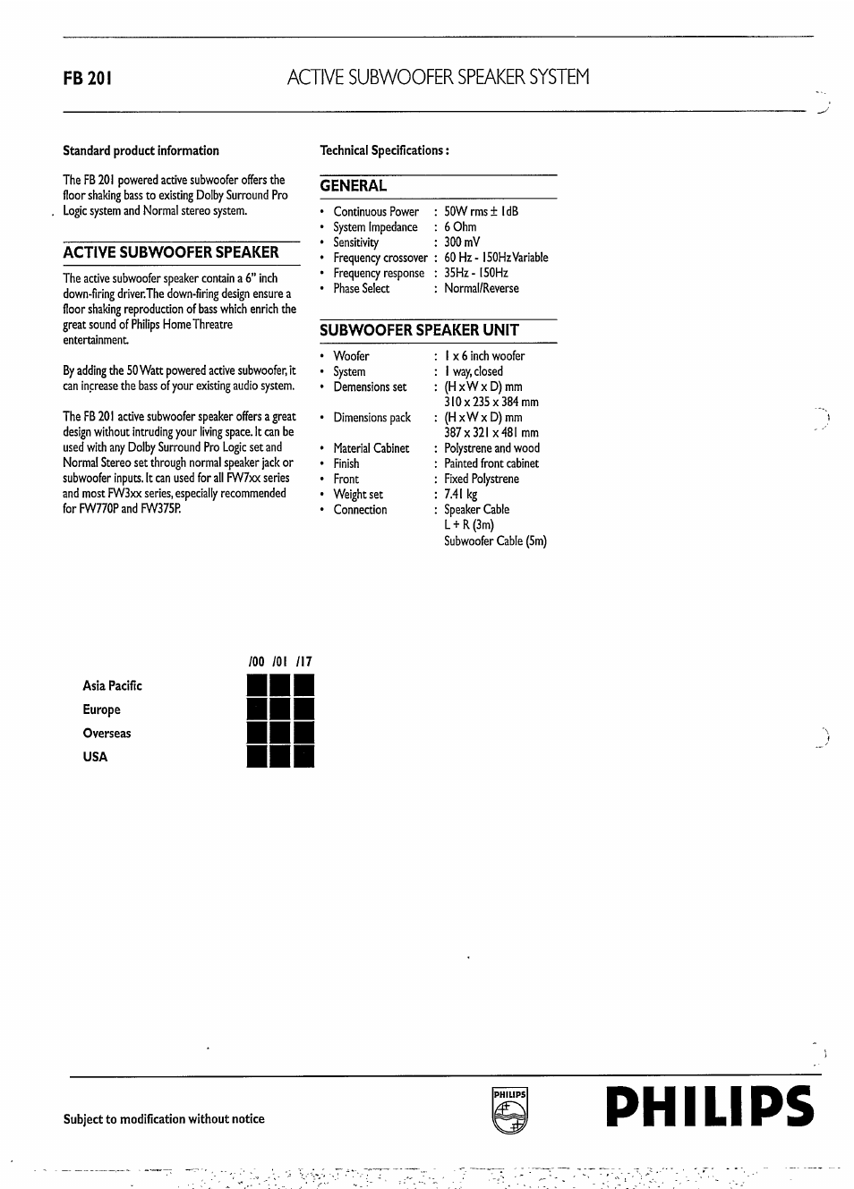 Philips, Active subwoofer speaker system, Fb20i | Active subwoofer speaker, General, Subwoofer speaker unit | Philips FB 201 User Manual | Page 2 / 2