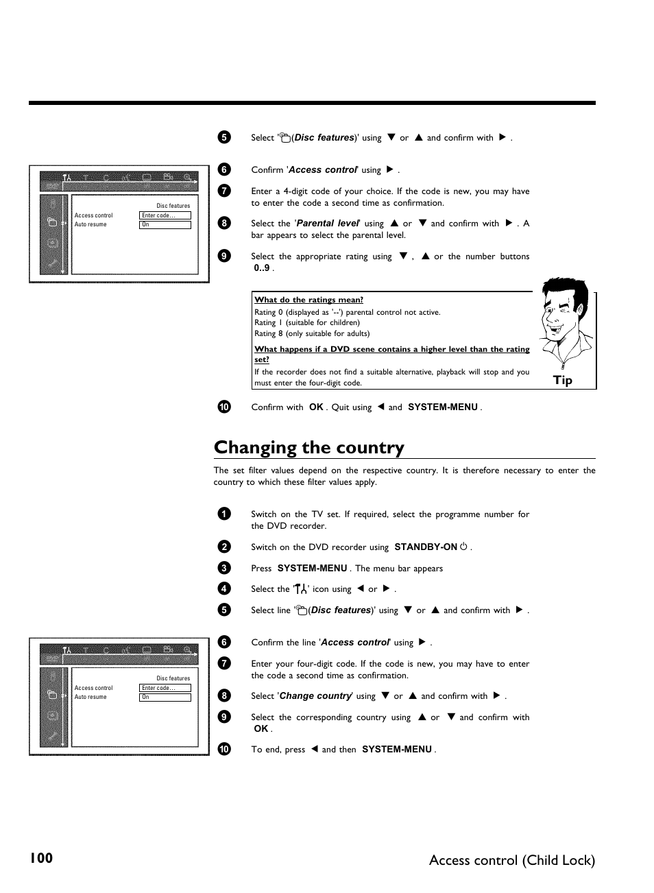 Changing the country, Access control (child lock) | Philips DVDR 77/00 User Manual | Page 108 / 116