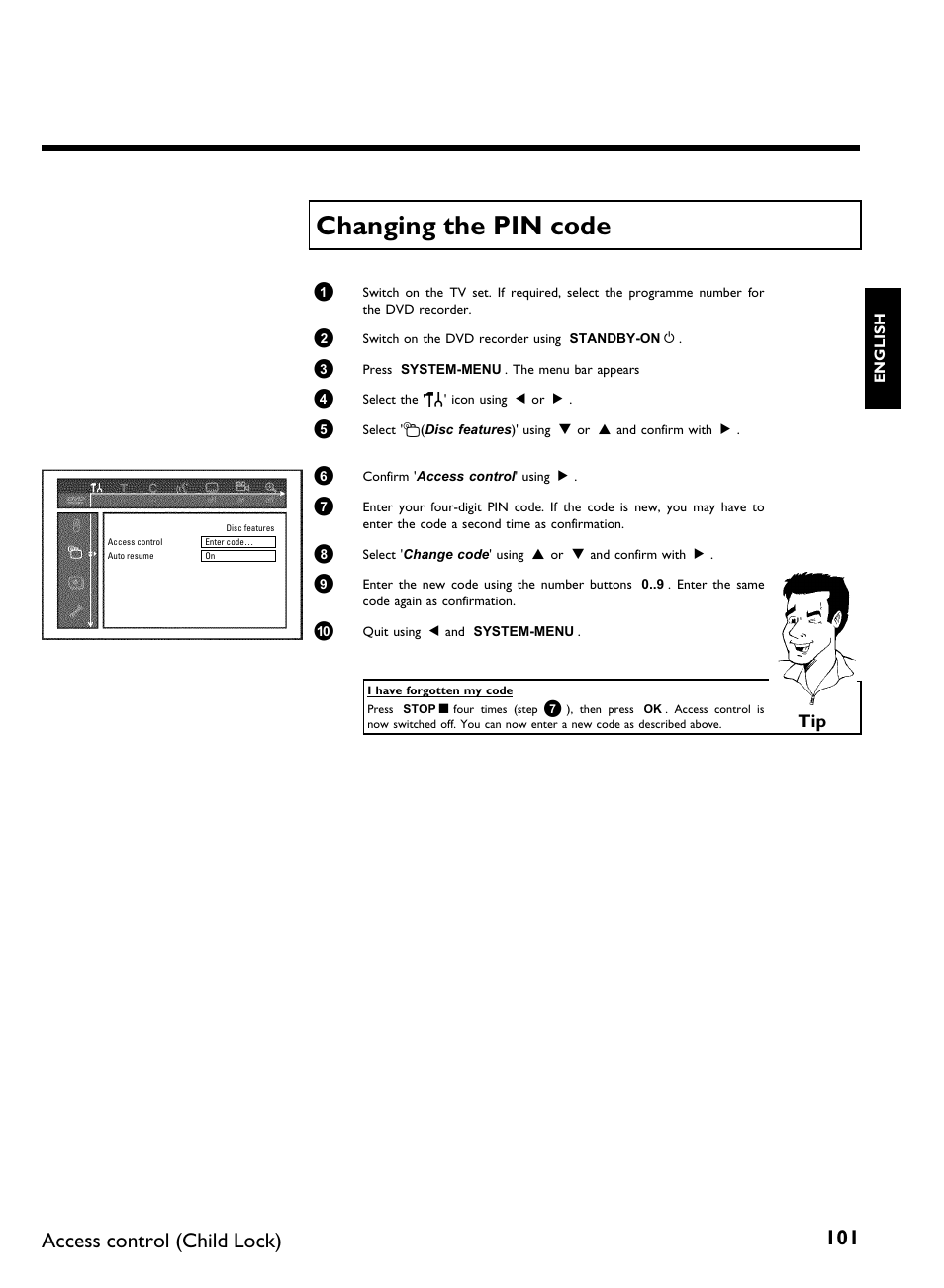 Changing the pin code, Access control (child lock) | Philips DVDR 77/00 User Manual | Page 109 / 116