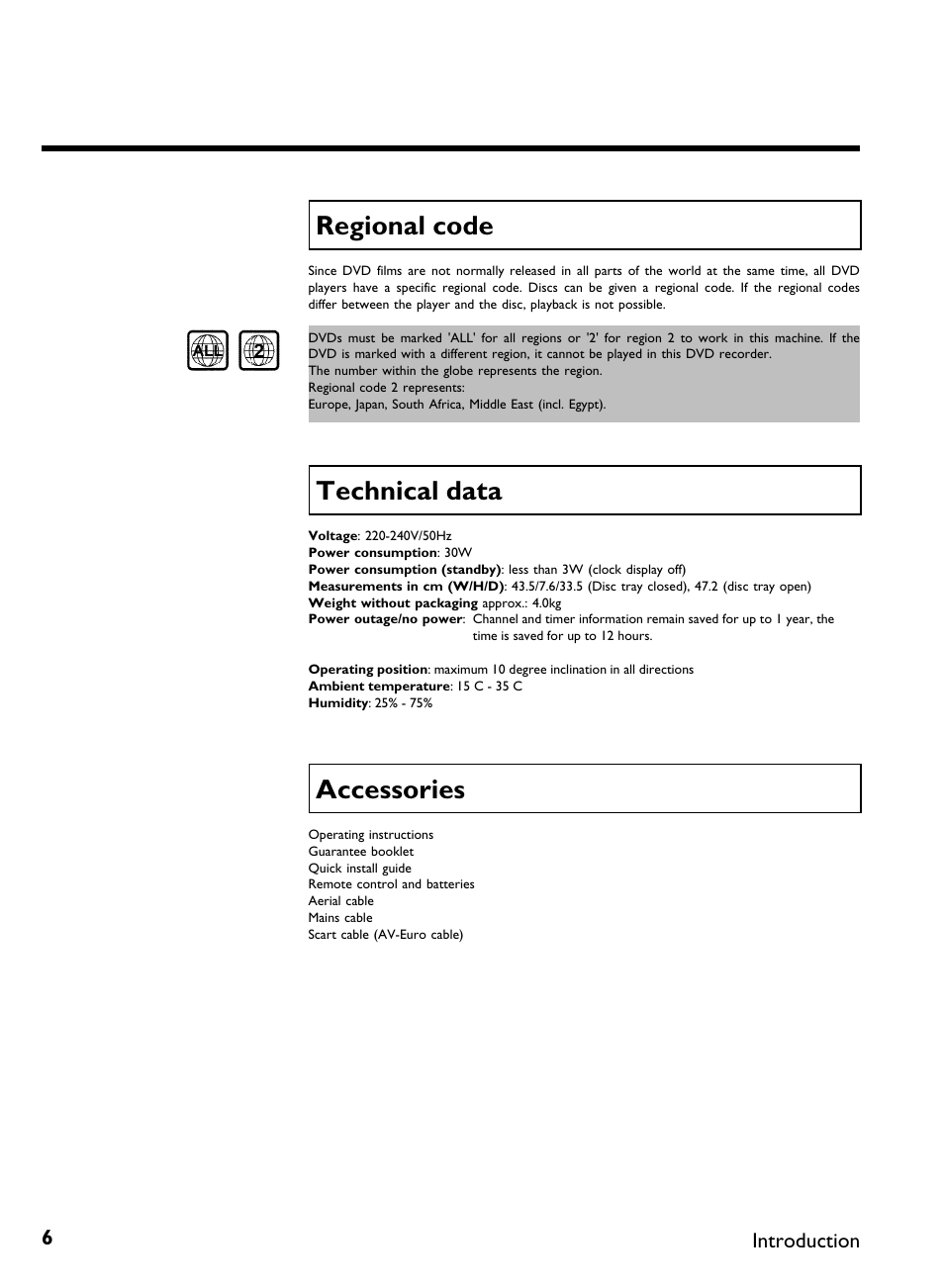 Regional code, Technical data, Accessories | Philips DVDR 77/00 User Manual | Page 14 / 116