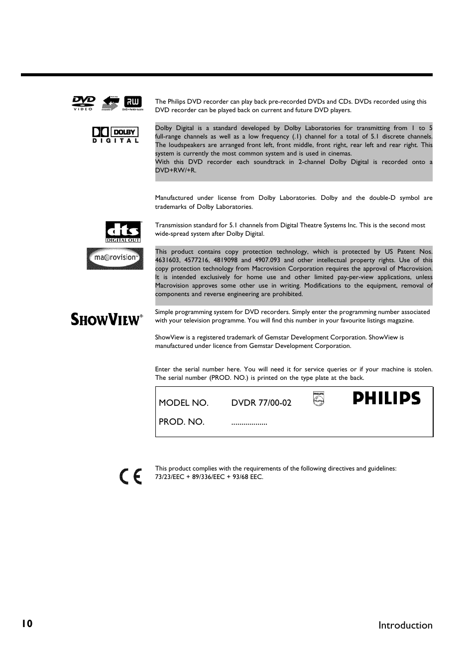 Introduction | Philips DVDR 77/00 User Manual | Page 18 / 116