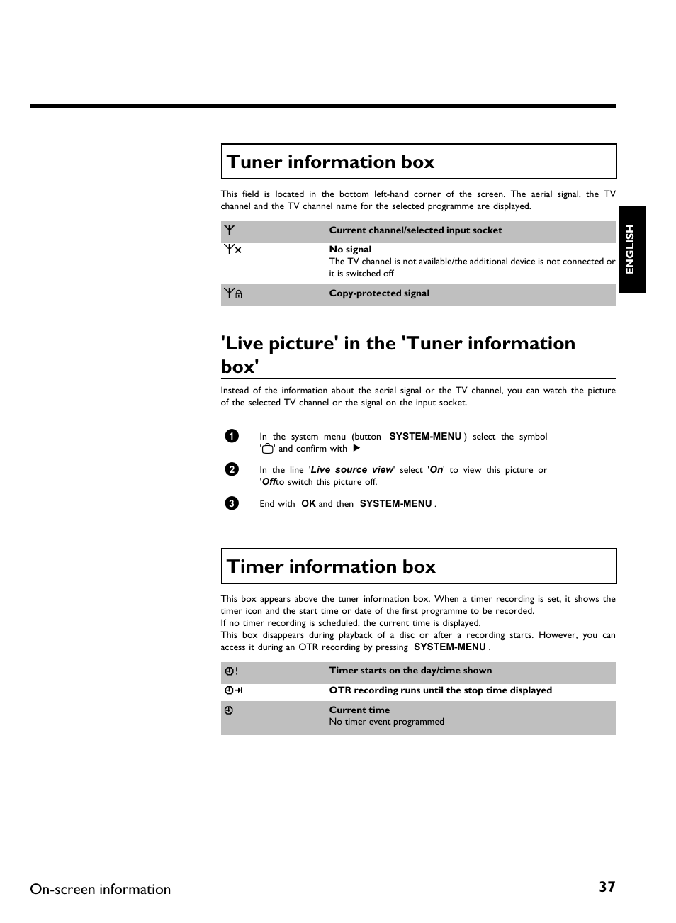 Tuner information box, Live picture' in the 'tuner information box, Timer information box | On-screen information | Philips DVDR 77/00 User Manual | Page 45 / 116