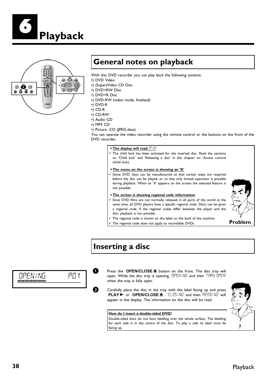 Playback, General notes on playback, Inserting a disc | Opening p01 | Philips DVDR 77/00 User Manual | Page 46 / 116