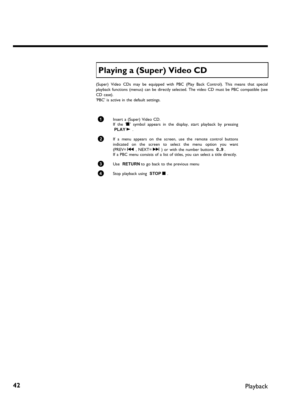 Playing a (super) video cd, Playback | Philips DVDR 77/00 User Manual | Page 50 / 116