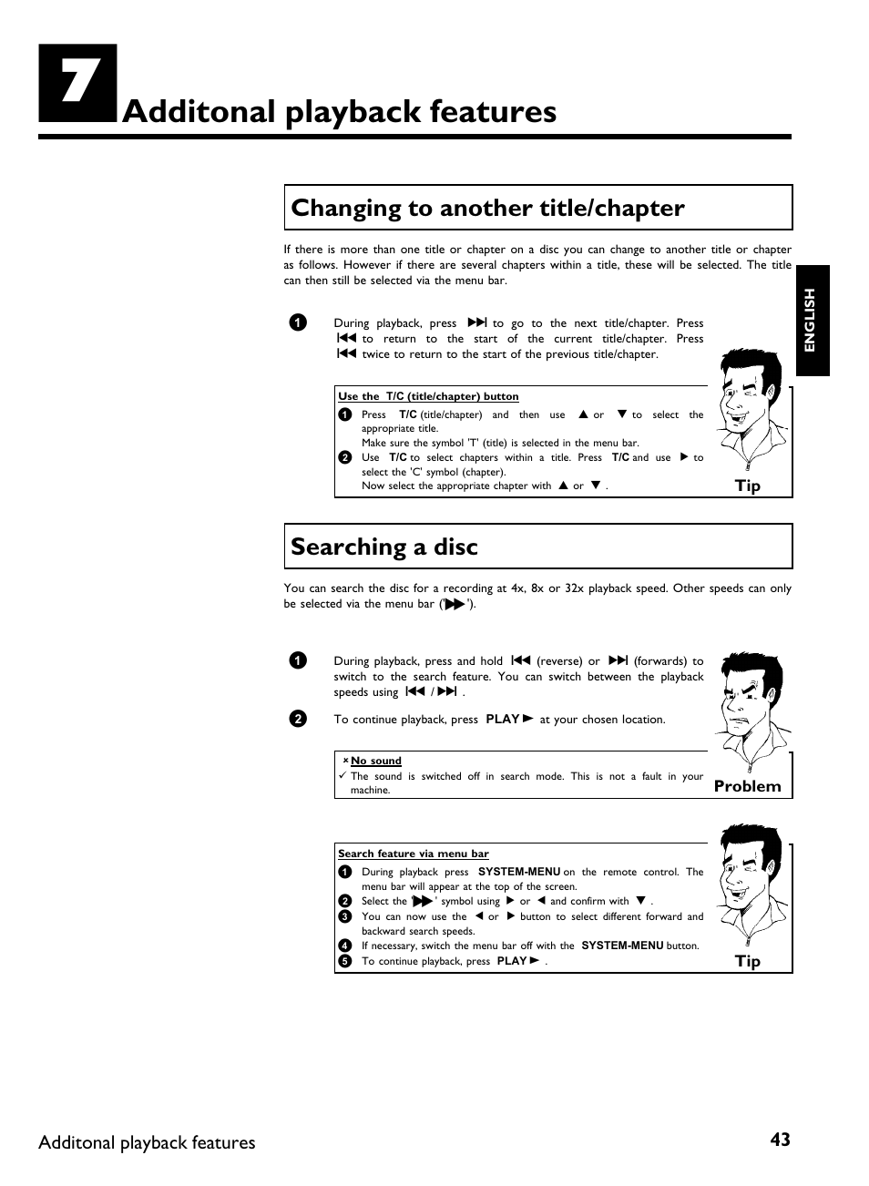 Additonal playback features, Changing to another title/chapter, Searching a disc | Philips DVDR 77/00 User Manual | Page 51 / 116