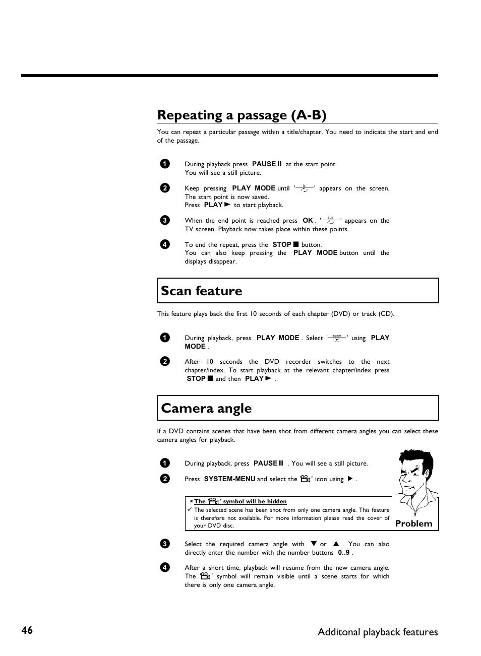 Repeating a passage (a-b), Scan feature, Camera angle | Repeating a passage (a b), Additonal playback features, Problem | Philips DVDR 77/00 User Manual | Page 54 / 116