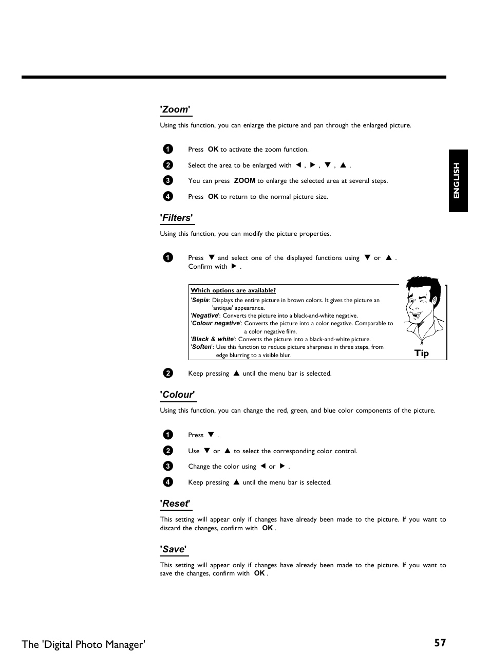 The 'digital photo manager, Zoom, Filters | Colour, Reset, Save | Philips DVDR 77/00 User Manual | Page 65 / 116