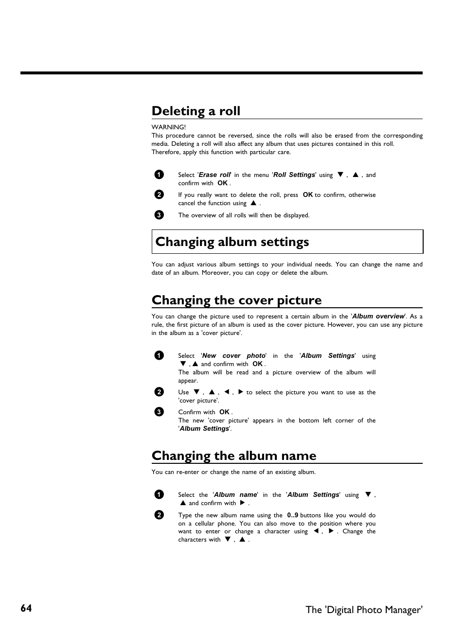 Deleting a roll, Changing album settings, Changing the cover picture | Changing the album name, The 'digital photo manager | Philips DVDR 77/00 User Manual | Page 72 / 116