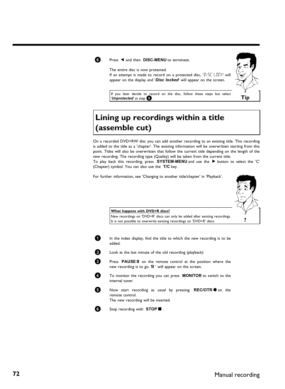 Lining up recordings within a title (assemble cut), Manual recording | Philips DVDR 77/00 User Manual | Page 80 / 116